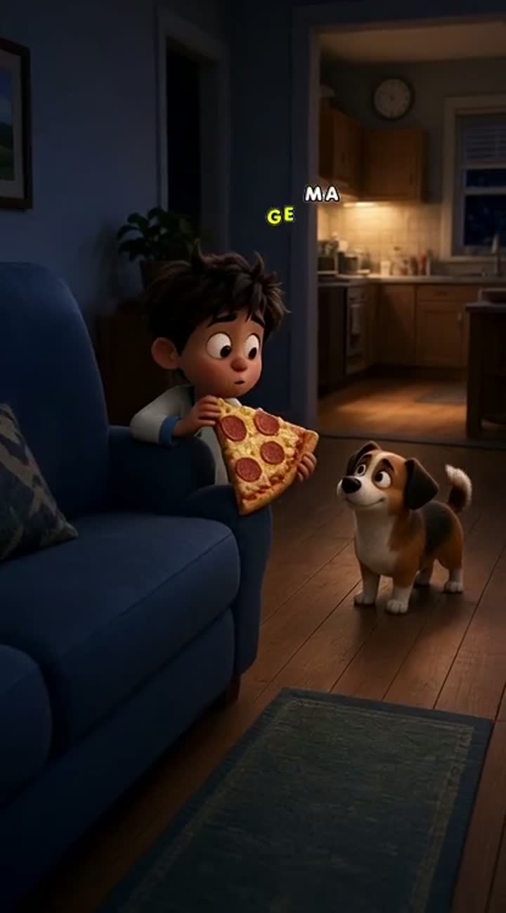 A little boy secretly takes a huge slice of pizza from the kitchen… — AI cartoon
