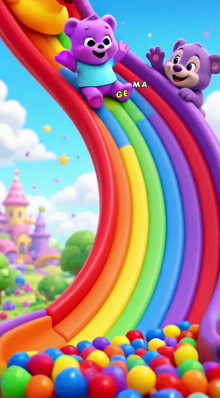 Three adorable original toddlers slide down a giant rainbow slide… — AI cartoon