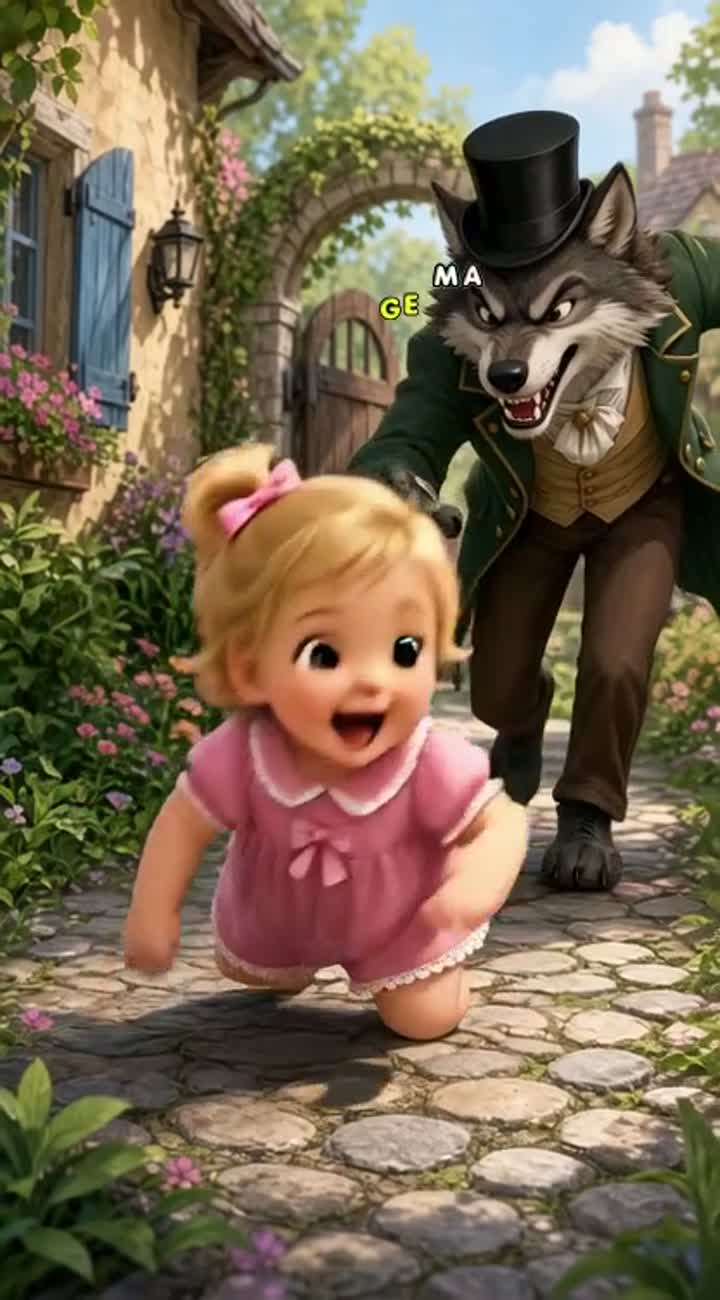 A blonde hair baby girl with hazel eyes escaping from a gentleman wolf — AI cartoon