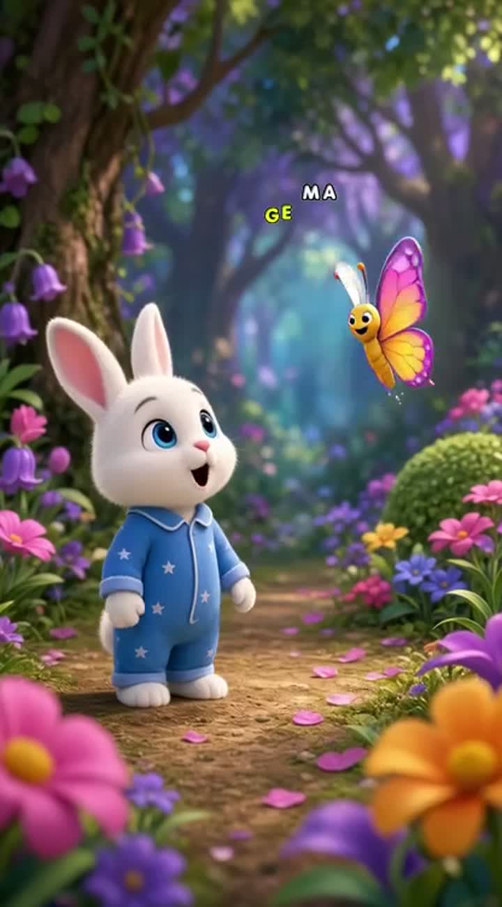 Cute little white bunny in blue pajamas meets a friendly butterfly… — AI cartoon