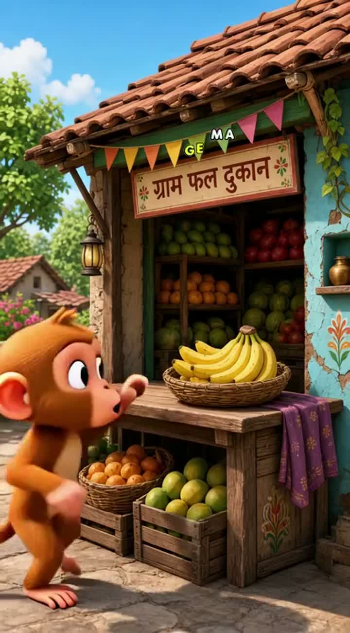 Cute monkey sees delicious yellow bananas at an Indian village… — AI cartoon