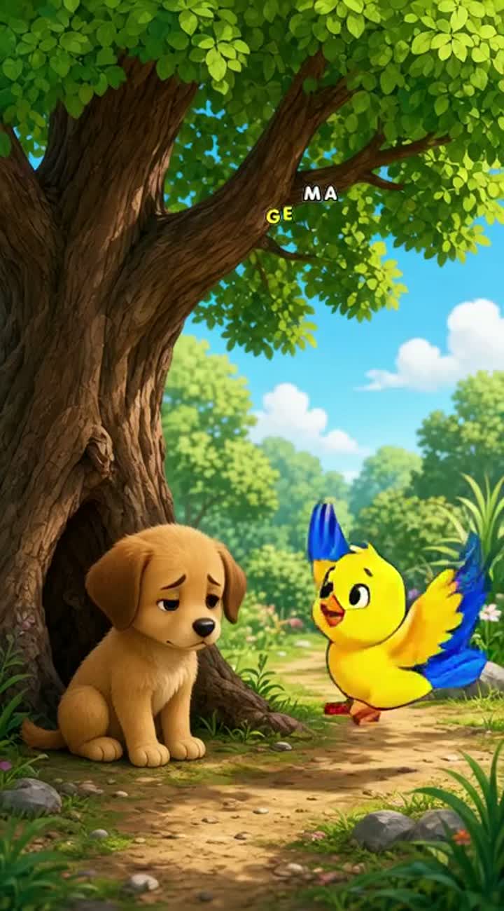 Ek chhoti chidiya ko ped ke neeche ek akela puppy milta hai — AI cartoon