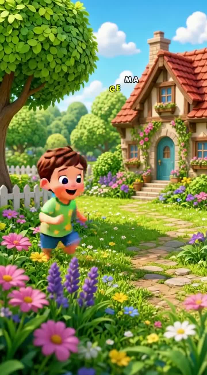 A cute boy plays with a little rabbit in a beautiful green village… — AI cartoon