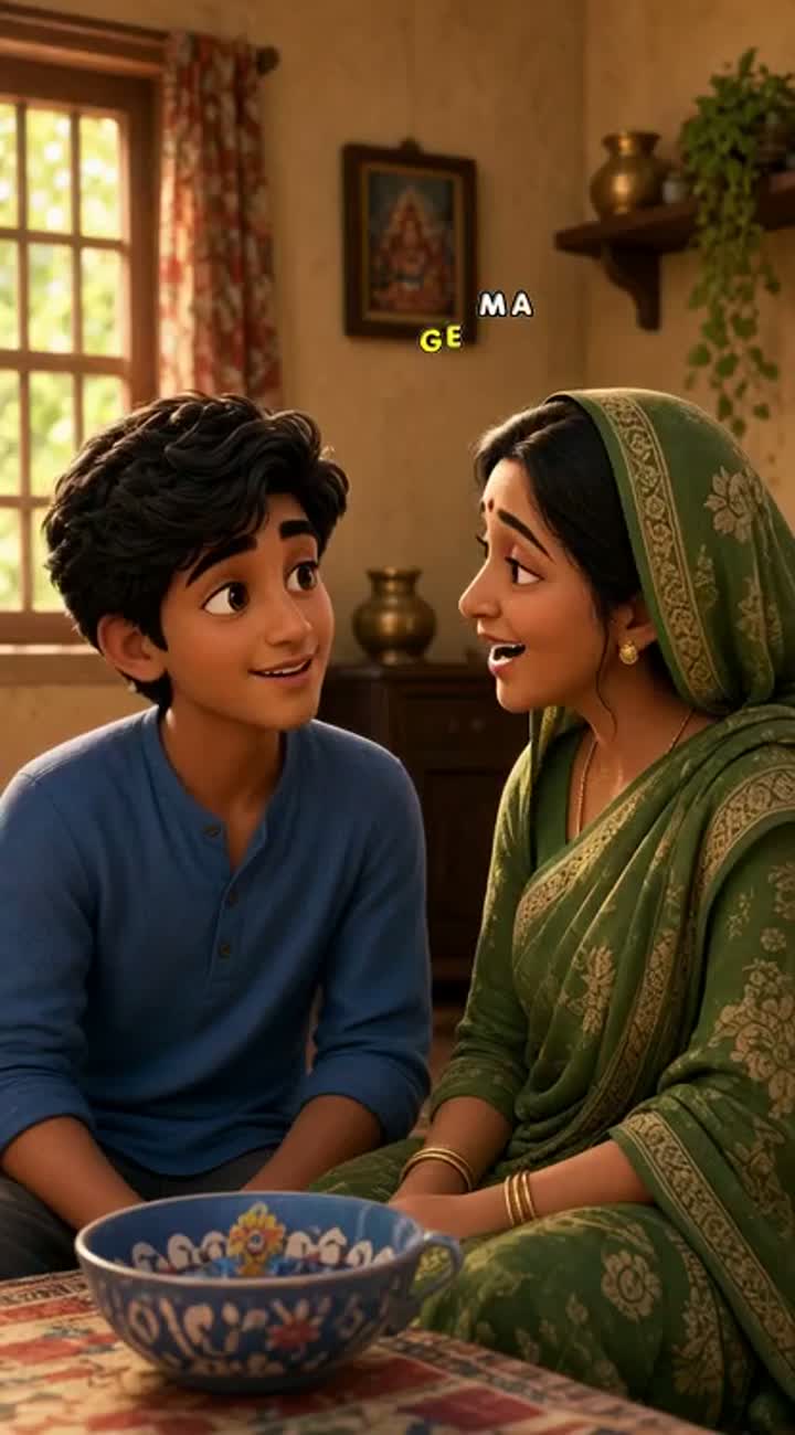 A young Indian boy, around 16 years old, wearing a simple blue… — AI cartoon
