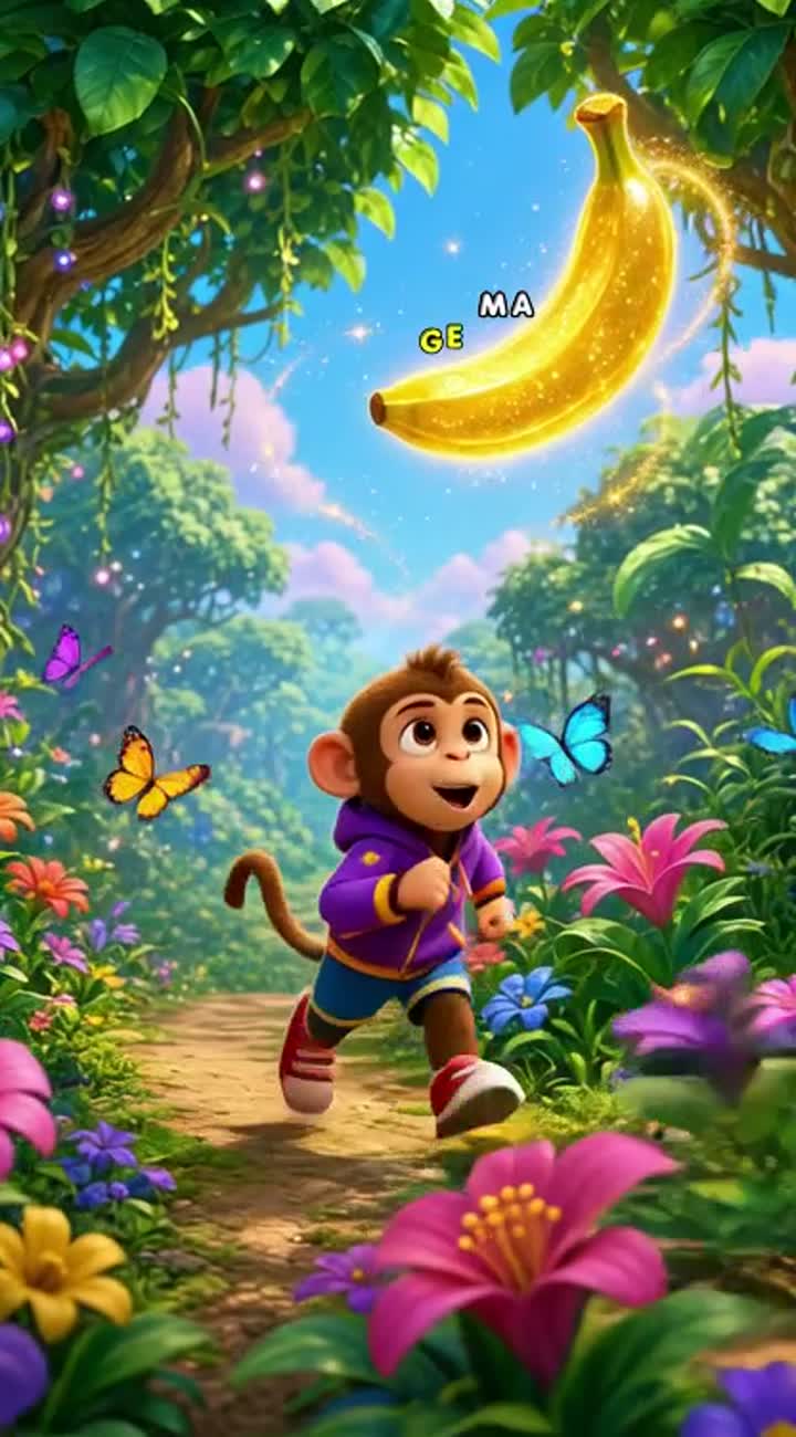 Scene 1: A cute little monkey wearing colorful clothes runs… — AI cartoon