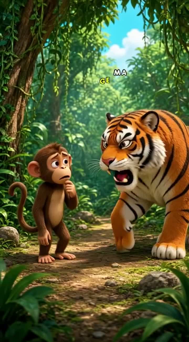 A funny 3D cartoon monkey meets an angry orange tiger… — AI cartoon