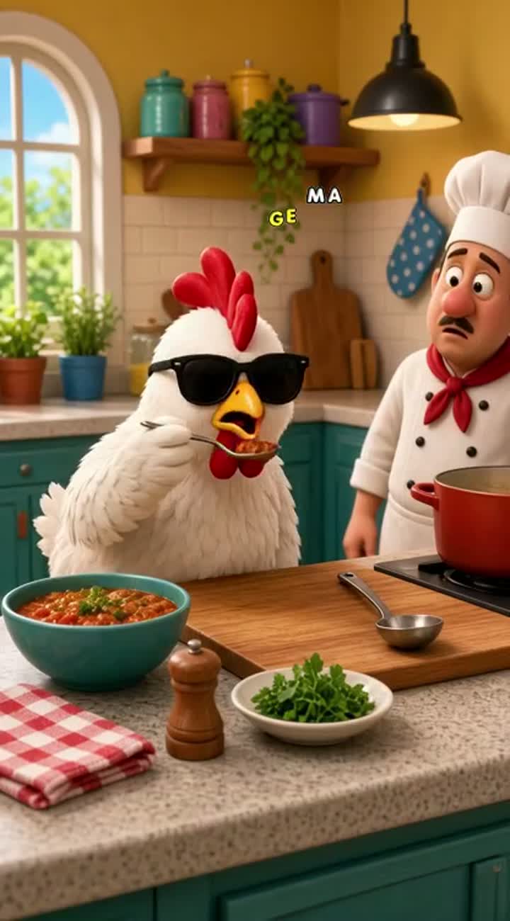 A funny, colorful 3D cartoon of a chicken wearing sunglasses… — AI cartoon