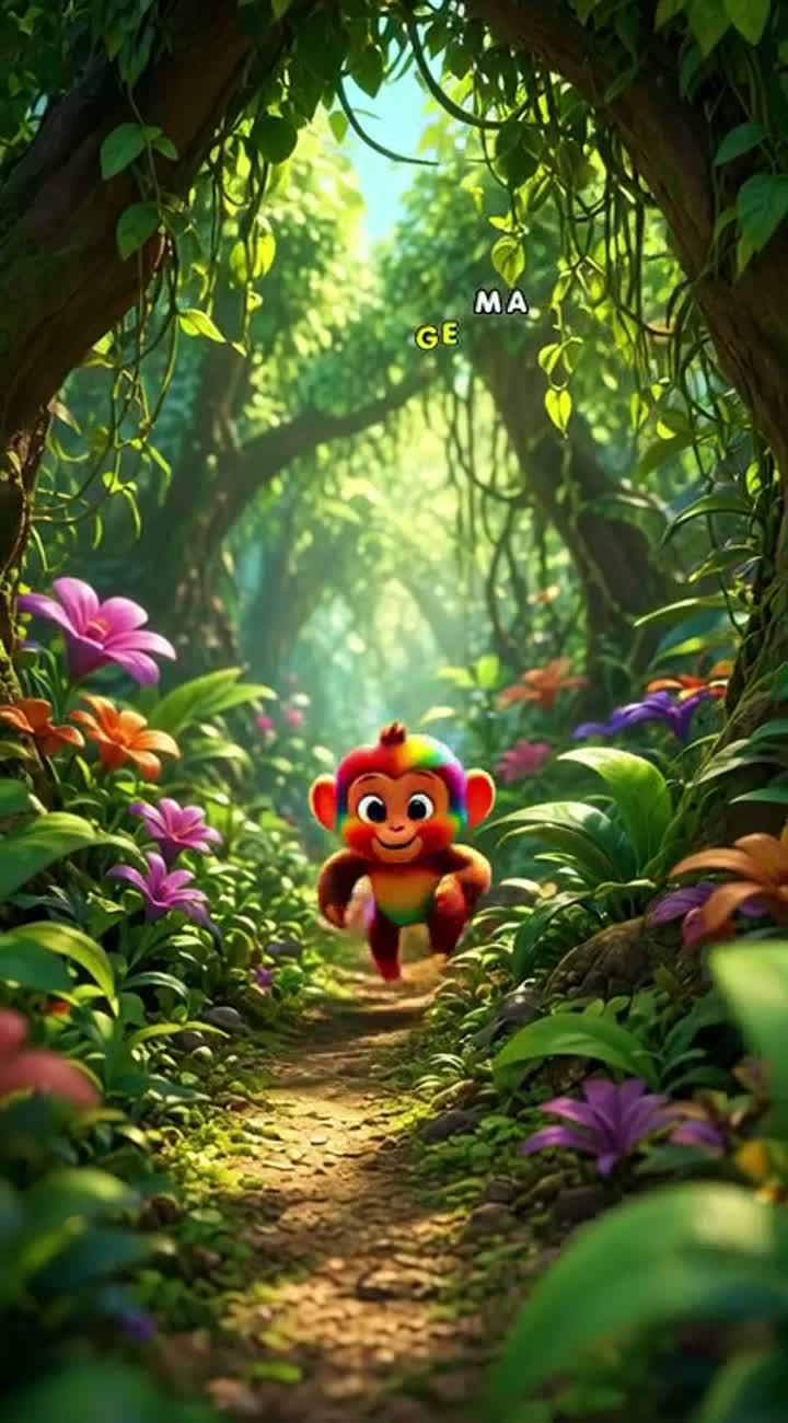 A little brown baby monkey with big expressive eyes runs playfully… — AI cartoon