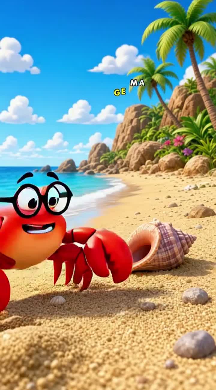 Sultan, a crab wearing his glasses, walks along the beach when… — AI cartoon