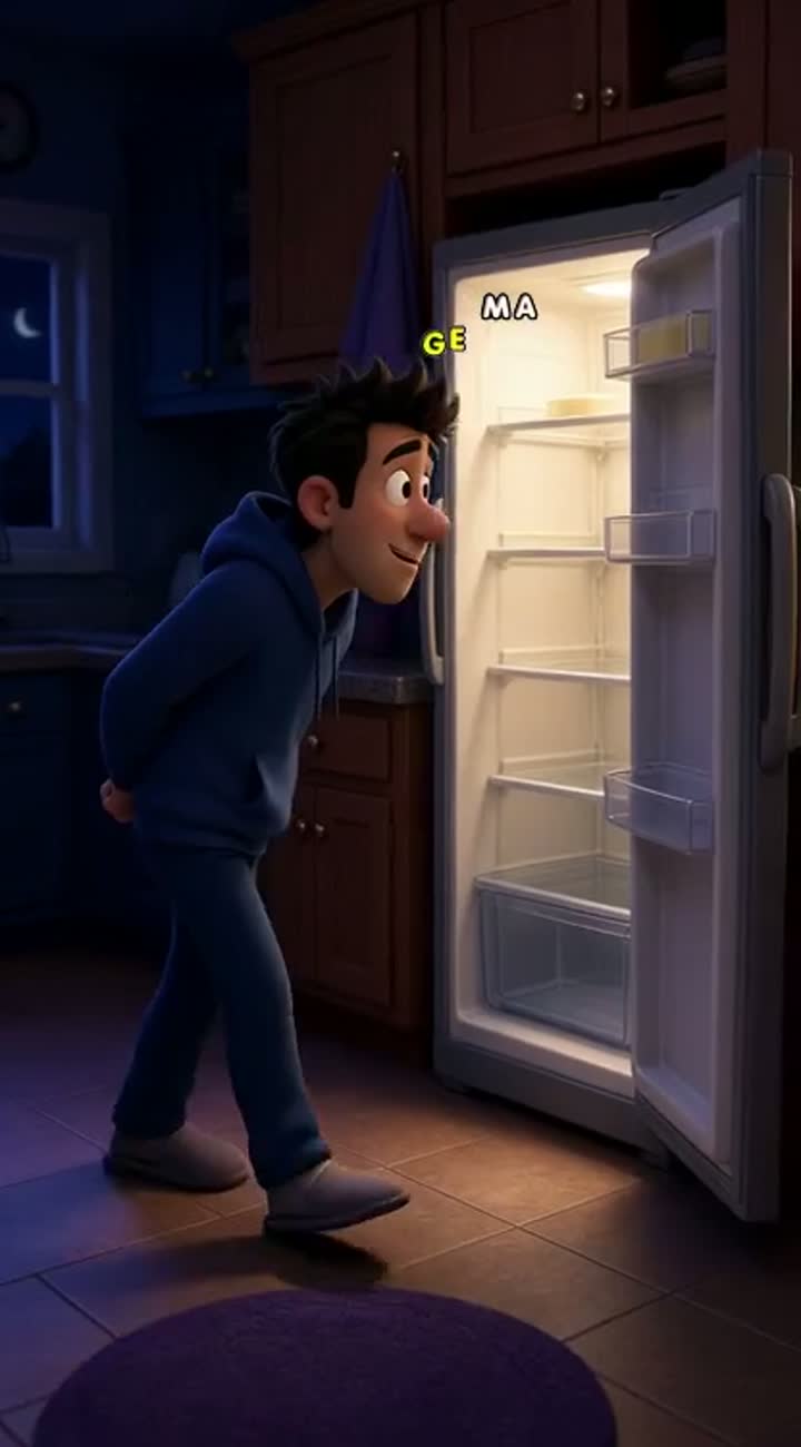 A funny 3D human cartoon man sneaks into the kitchen at midnight… — AI cartoon