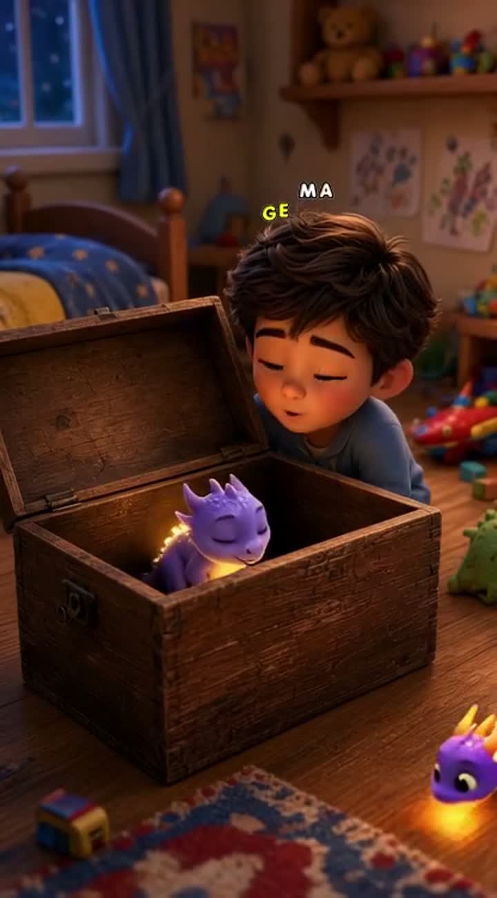 A cute little boy discovers a tiny glowing dragon hiding inside… — AI cartoon
