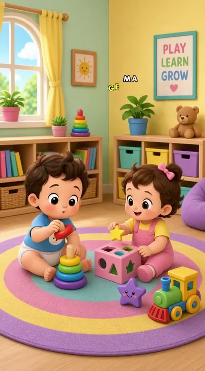 Two baby characters playing with toys and teacher comes and sing… — AI cartoon