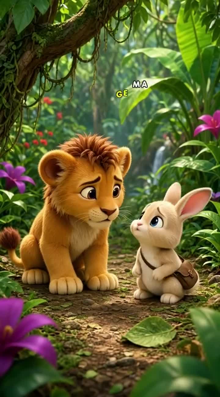 A cute baby lion helps a lost baby rabbit in a colorful jungle… — AI cartoon