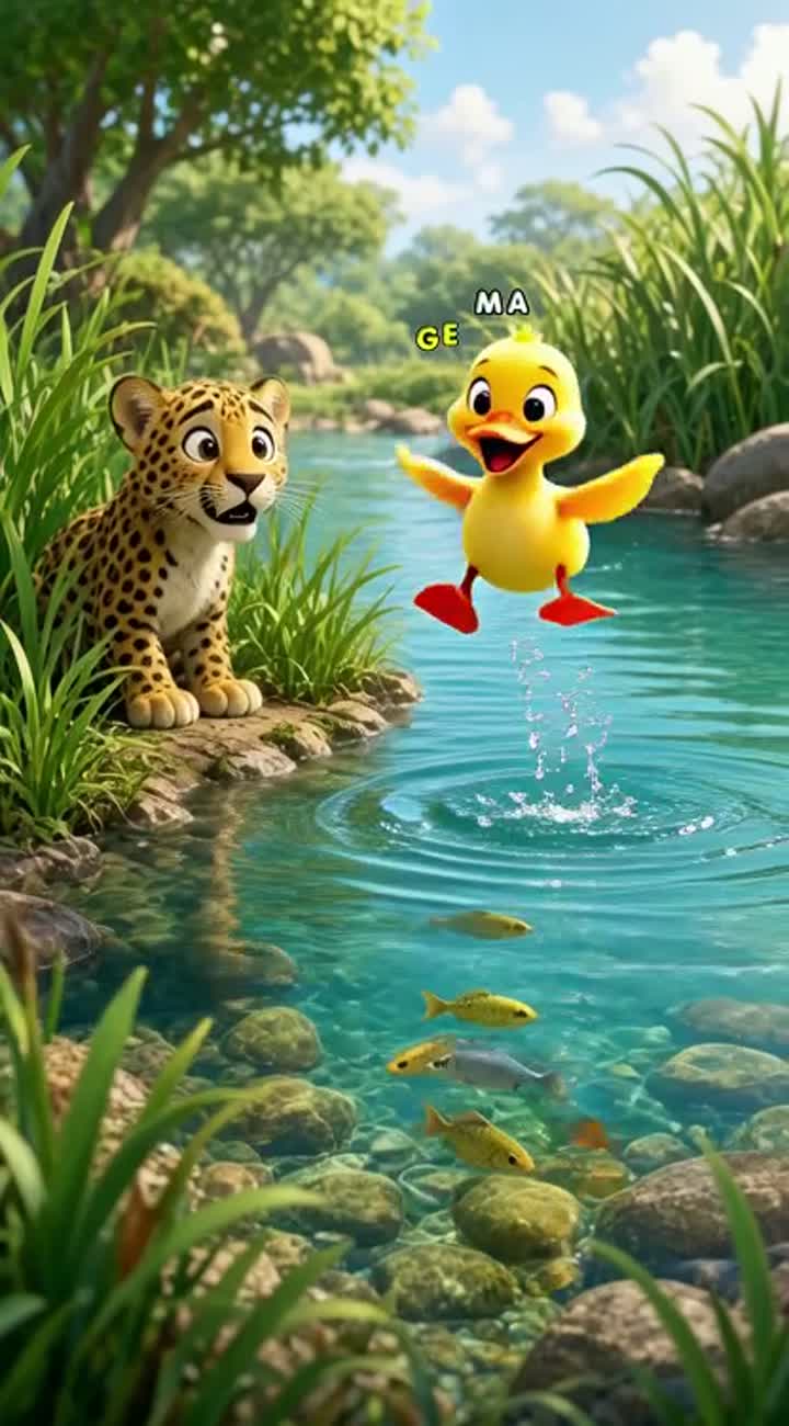 Show the small yellow duck jumping happily into a clear blue-green… — AI cartoon
