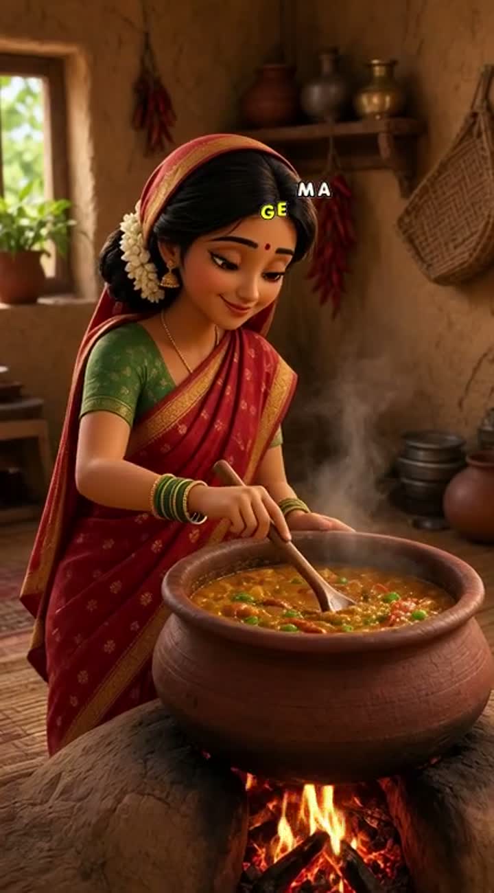 A beautiful 3D animated Indian village woman cooking curry… — AI cartoon