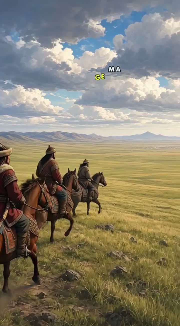 A group of ancient Turkic horsemen riding across the vast Central… — AI cartoon
