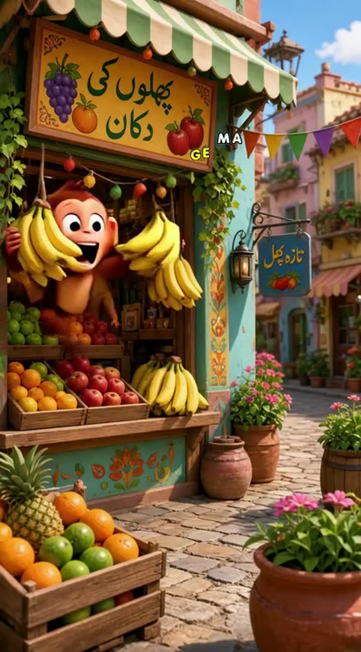 A mischievous monkey steals bananas from a shop and runs away… — AI cartoon