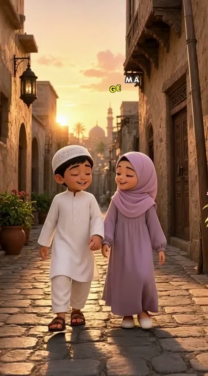 Two adorable Muslim children, a little boy wearing a white kurta… — AI cartoon