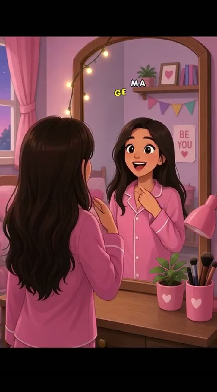 A slim young woman with long, silky dark-brown hair stands… — AI cartoon