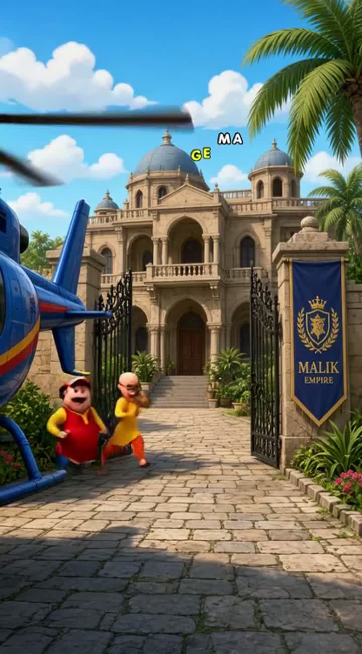 (Helicopter se utarne ke baad, Motu aur Patlu, Malik ke paas aate hain — AI cartoon