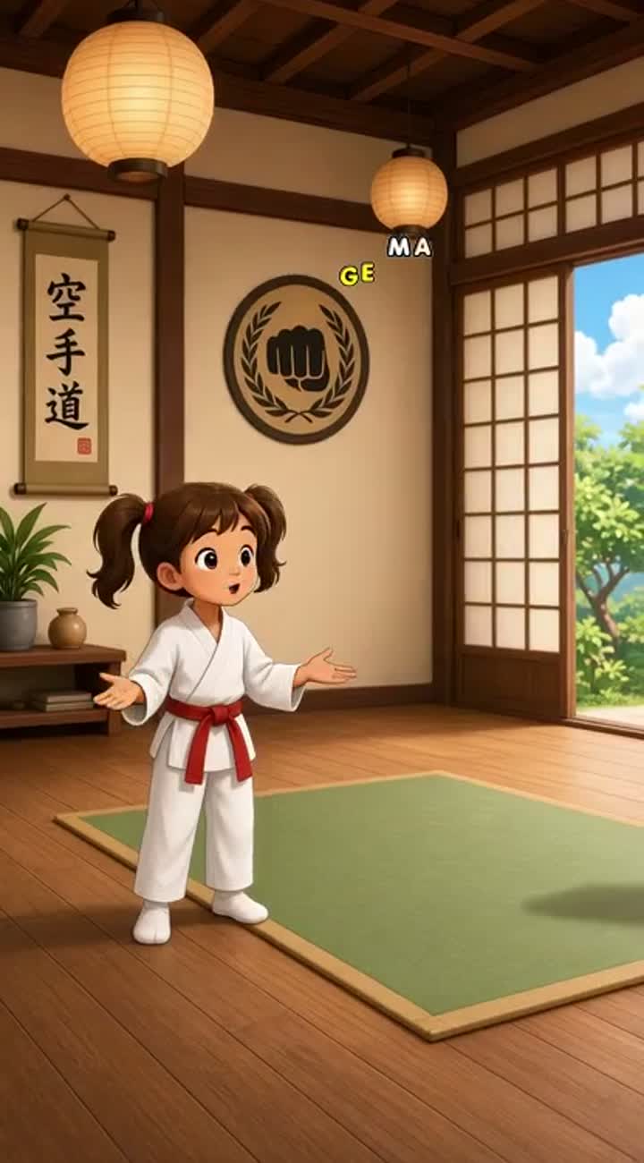 A little girl wearing a karate uniform with a red belt She has… — AI cartoon