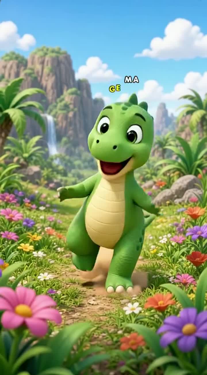 A cute little green 3D cartoon dinosaur with a cream belly… — AI cartoon