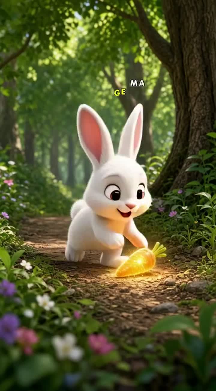 A cute white rabbit is walking through a beautiful green forest — AI cartoon