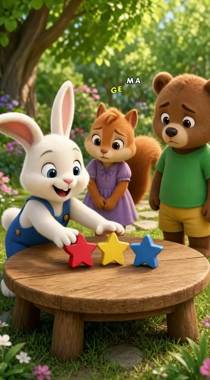 Sunny garden clearing in polished 3D preschool animation… — AI cartoon
