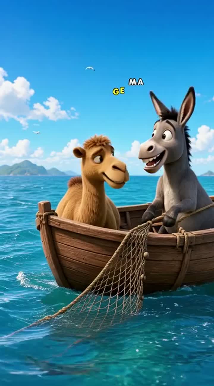 A 3D animated camel and a donkey sitting inside a small wooden… — AI cartoon