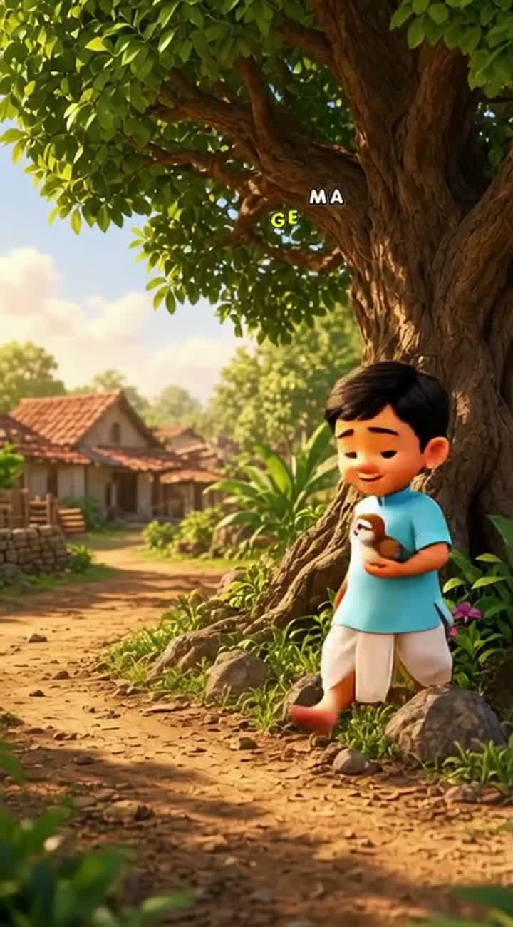 Story: A cute 6-year-old Indian village boy finds a tiny injured… — AI cartoon