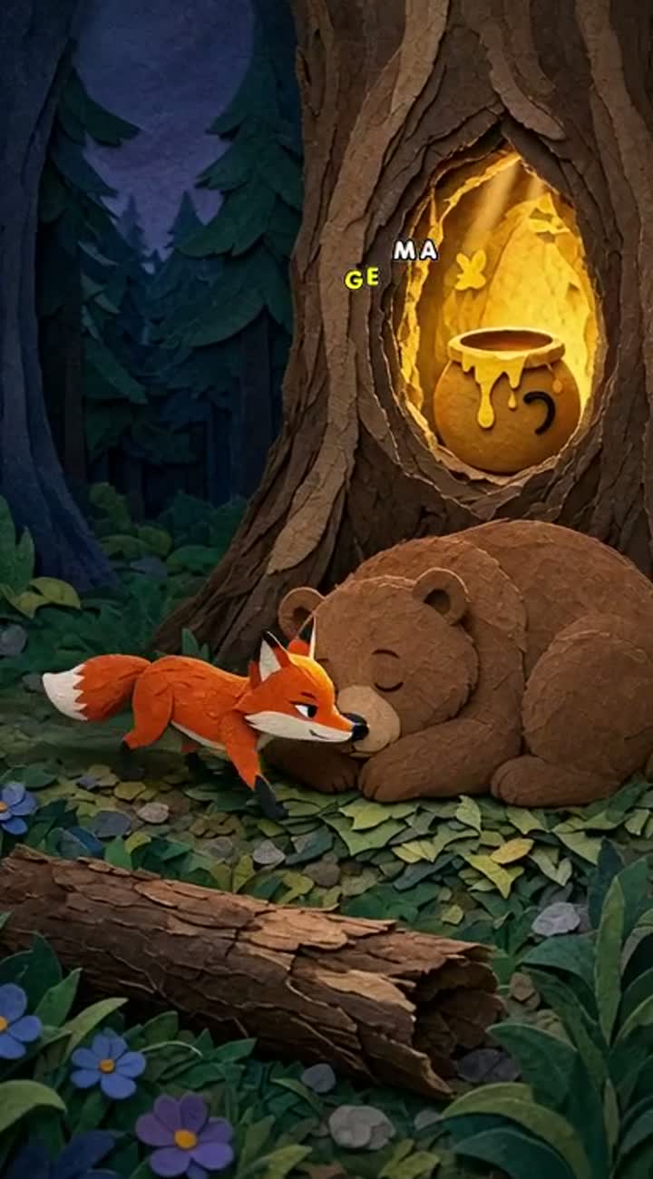 A paper-cut-out fox sneaks past a sleeping bear to steal honey… — AI cartoon
