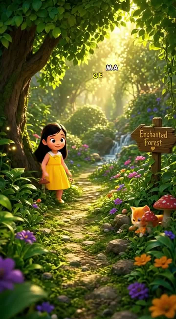 A little girl with black hair and a yellow dress finds a tiny lost… — AI cartoon