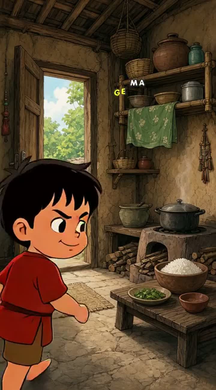 Story: A mischievous village boy secretly eats all the food — AI cartoon