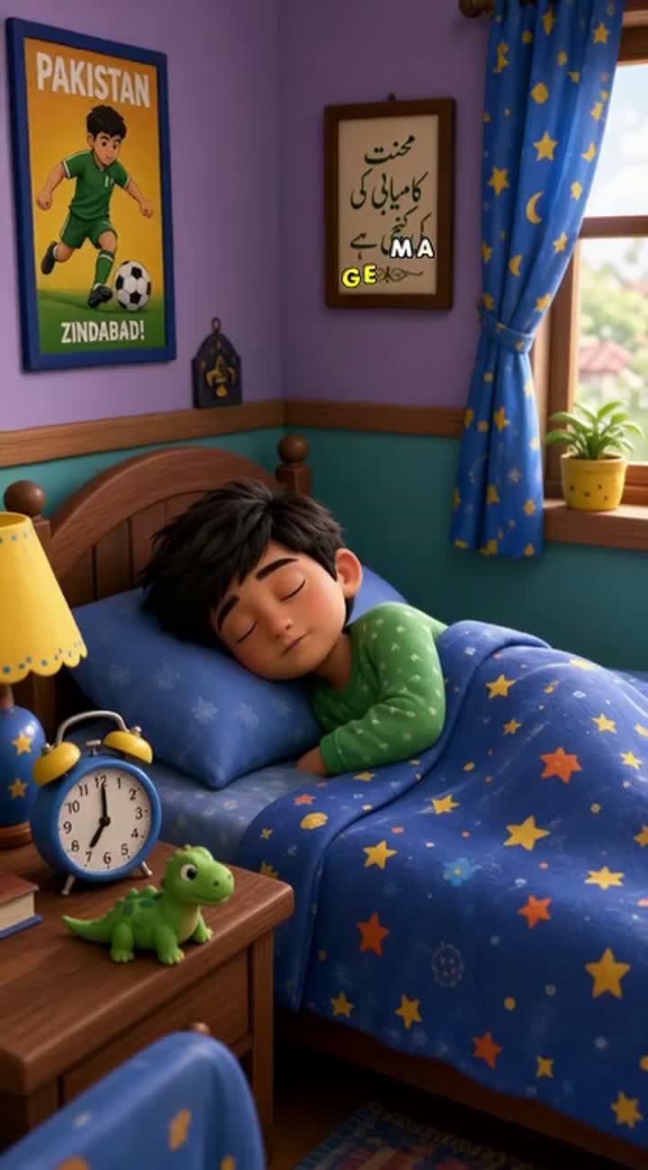 A funny Pakistani cartoon scene where a sleepy young boy is in bed… — AI cartoon