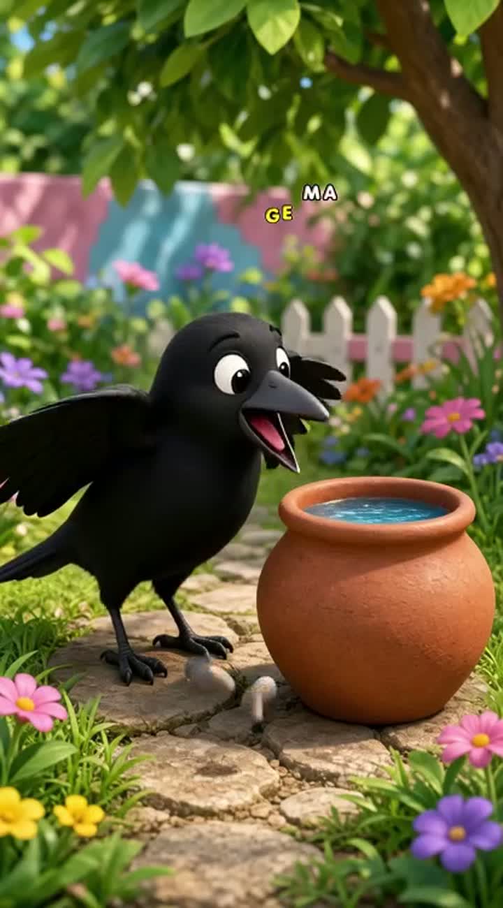 A cute 3D cartoon of a thirsty black crow finding a pot of water… — AI cartoon