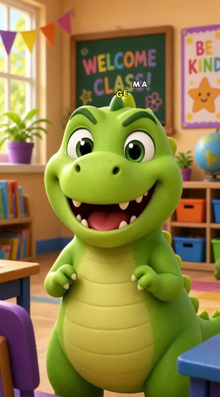 Cute, cartoon-style dinosaur villain for a children's classroom… — AI cartoon