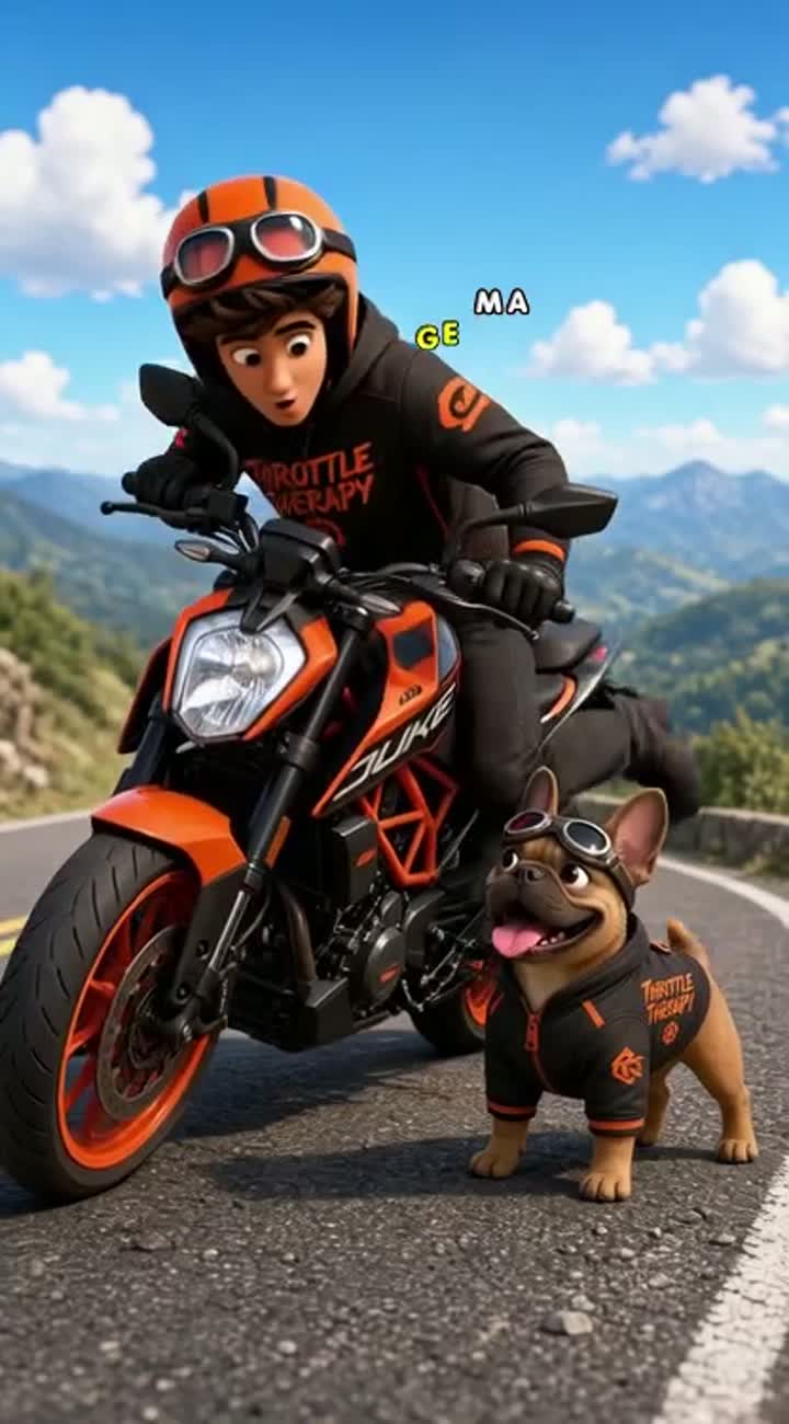 A friendly biker is sat on his KTM duke, with his french bulldog… — AI cartoon