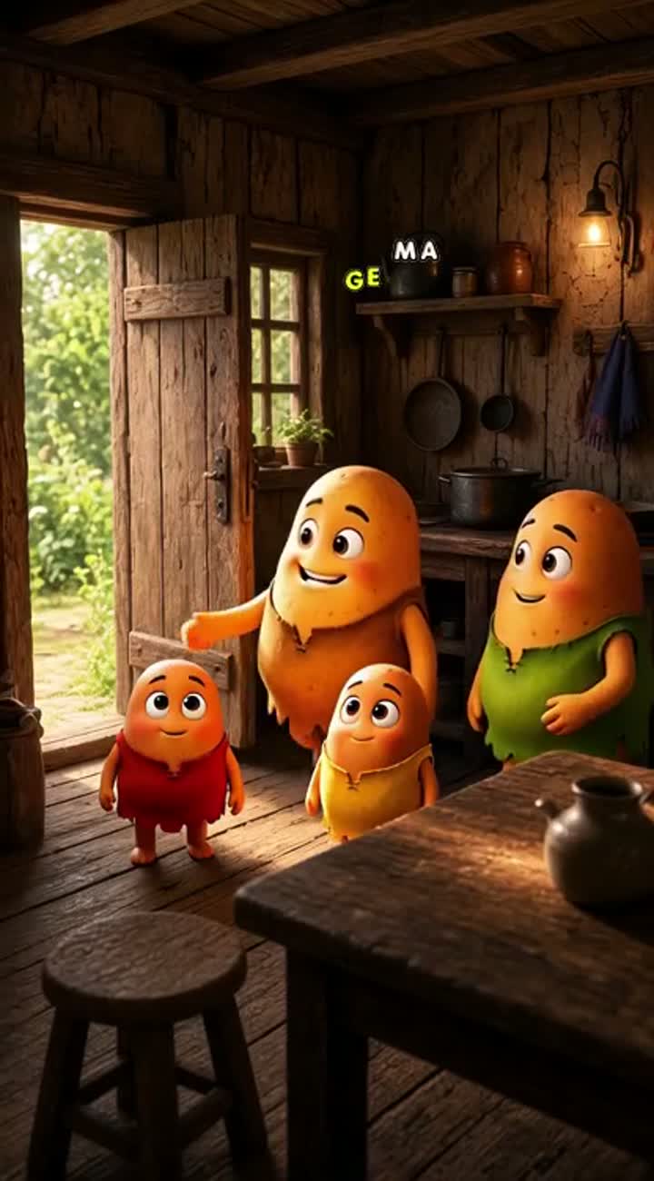 A poor cute potato father living with his potato wife and two… — AI cartoon