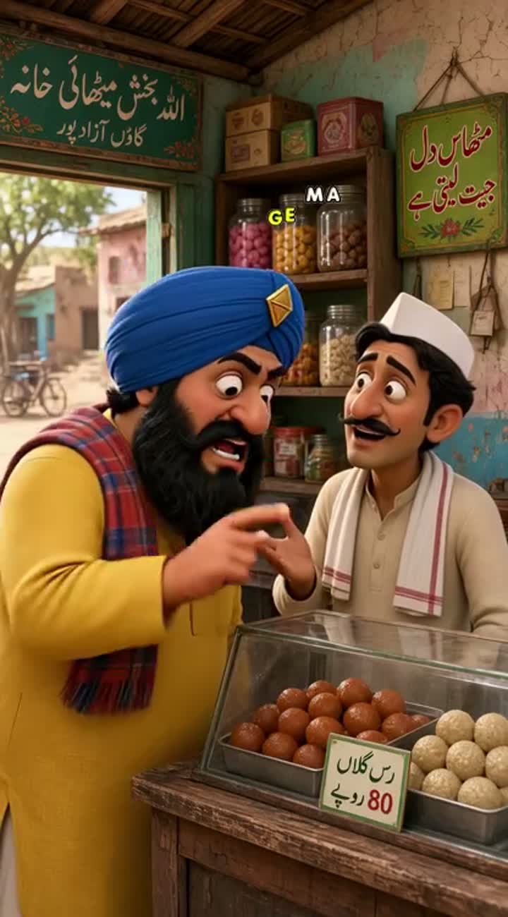 A funny 3D cartoon of a Punjabi Sardar arguing with a shopkeeper… — AI cartoon