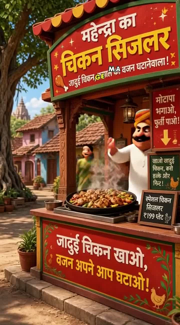Mahendra, a greedy shopkeeper, opens a chicken sizzler shop… — AI cartoon