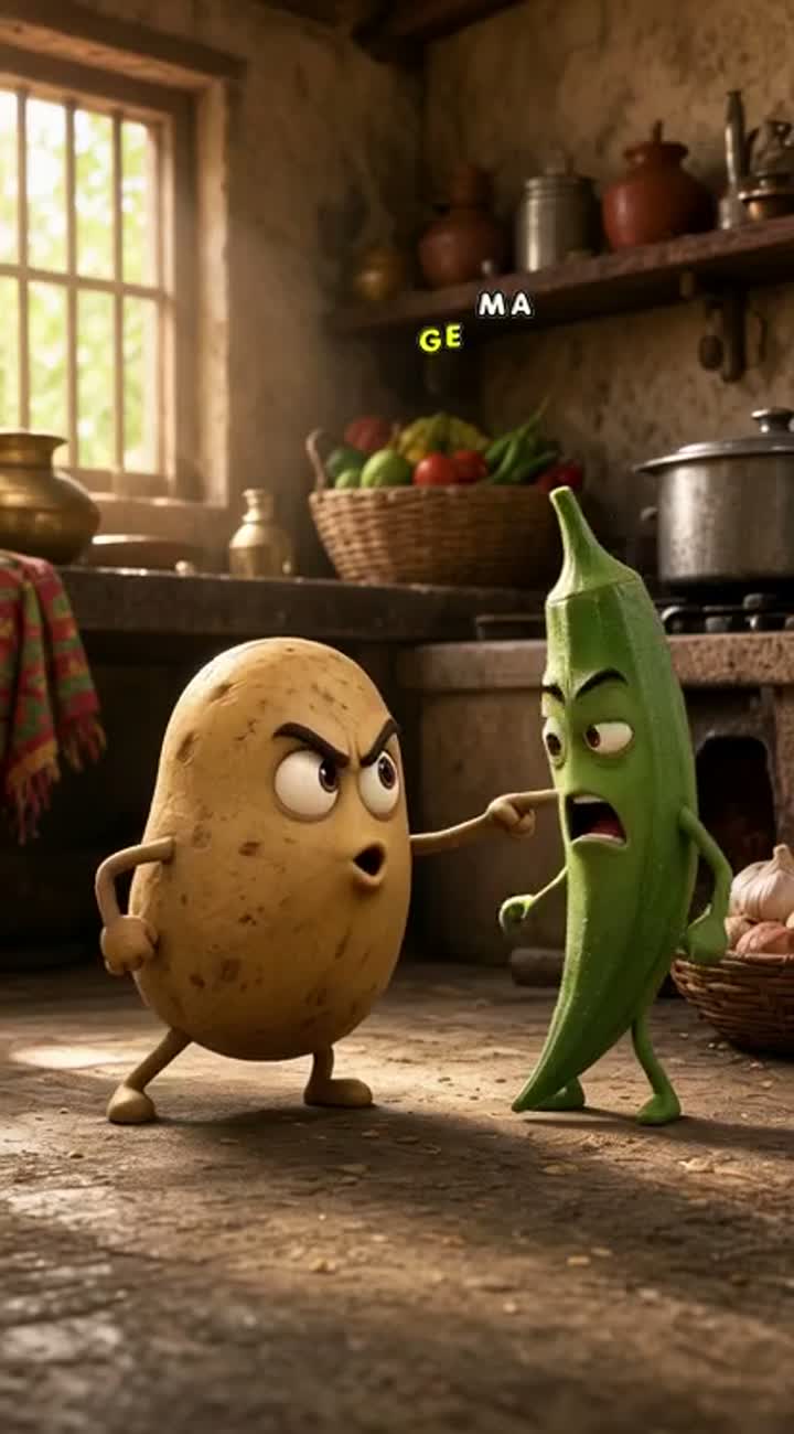 Cute 3D animated-movie scene featuring a funny potato character… — AI cartoon