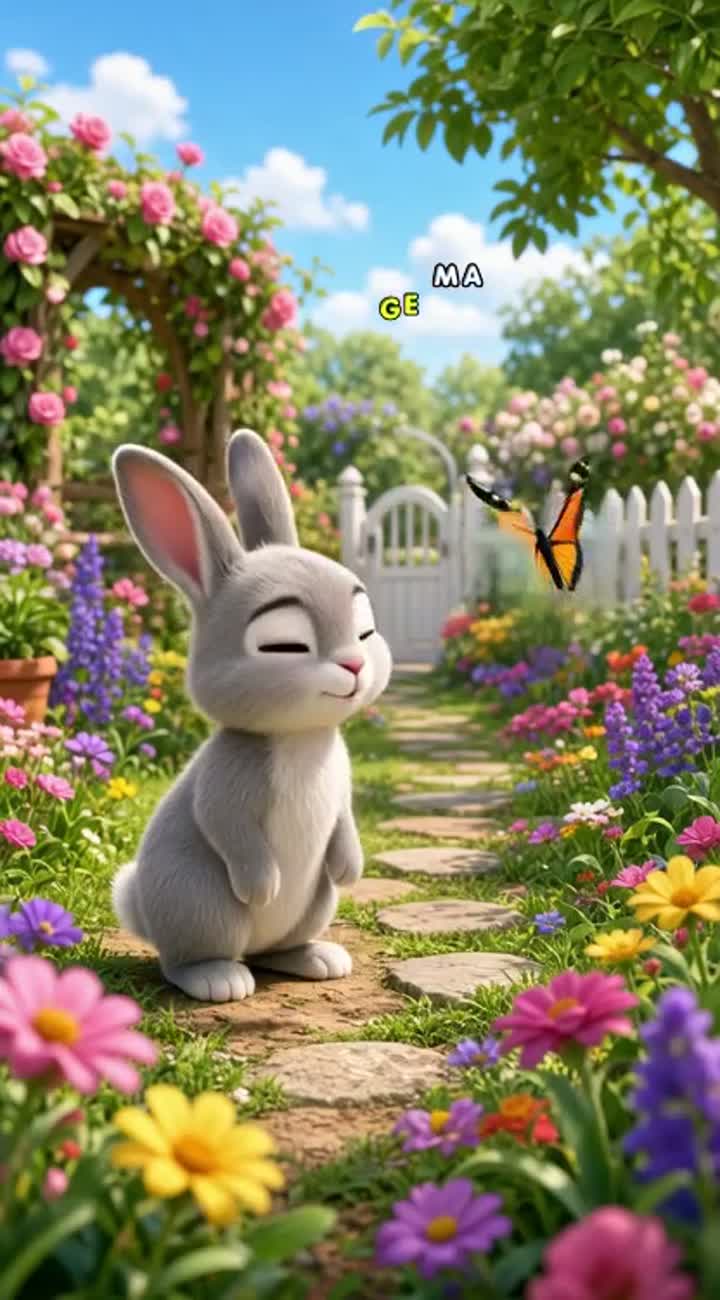 A cute little rabbit walks into a beautiful garden… — AI cartoon