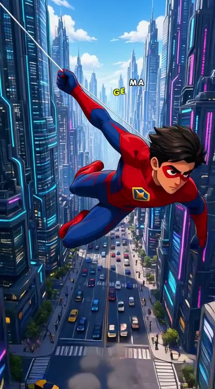 A young original superhero wearing a red-and-blue suit swings… — AI cartoon