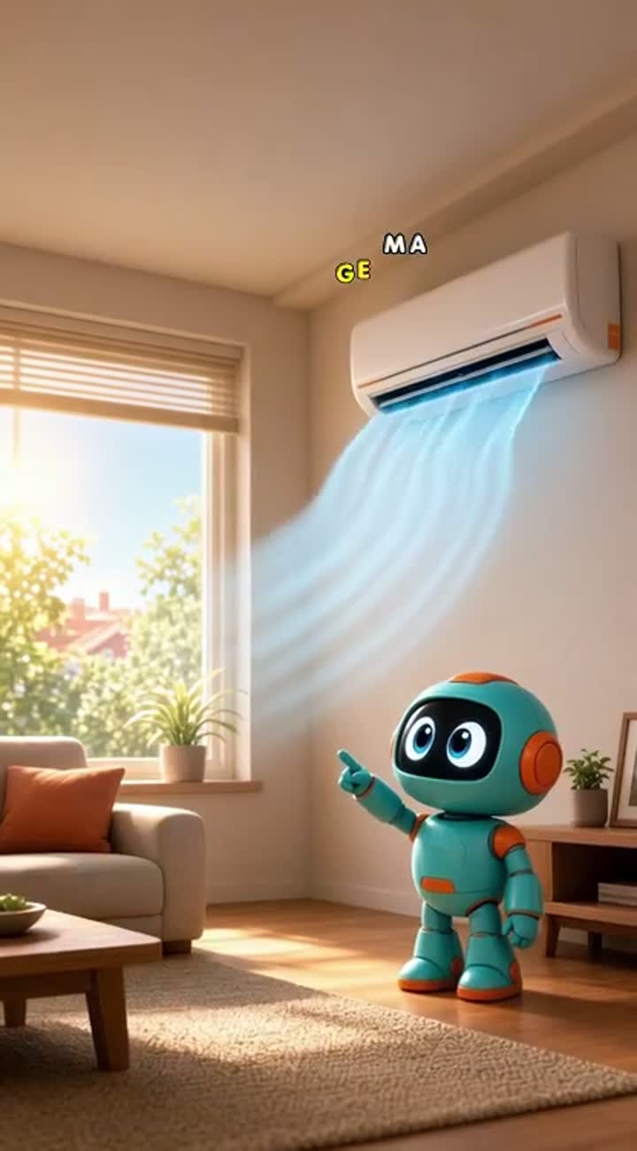 The robot stands beside an air conditioner in a modern living room… — AI cartoon