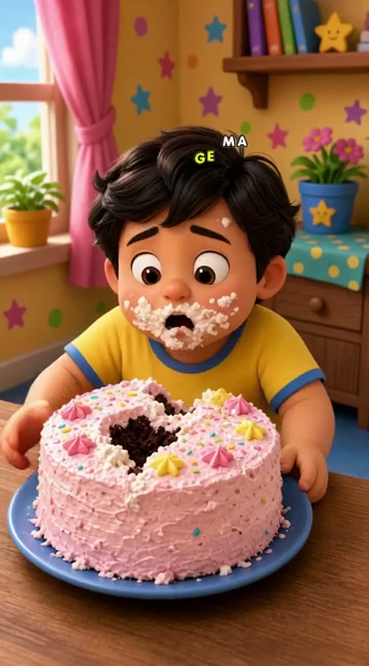 A cute chubby boy secretly grabs a big cake, takes one bite… — AI cartoon