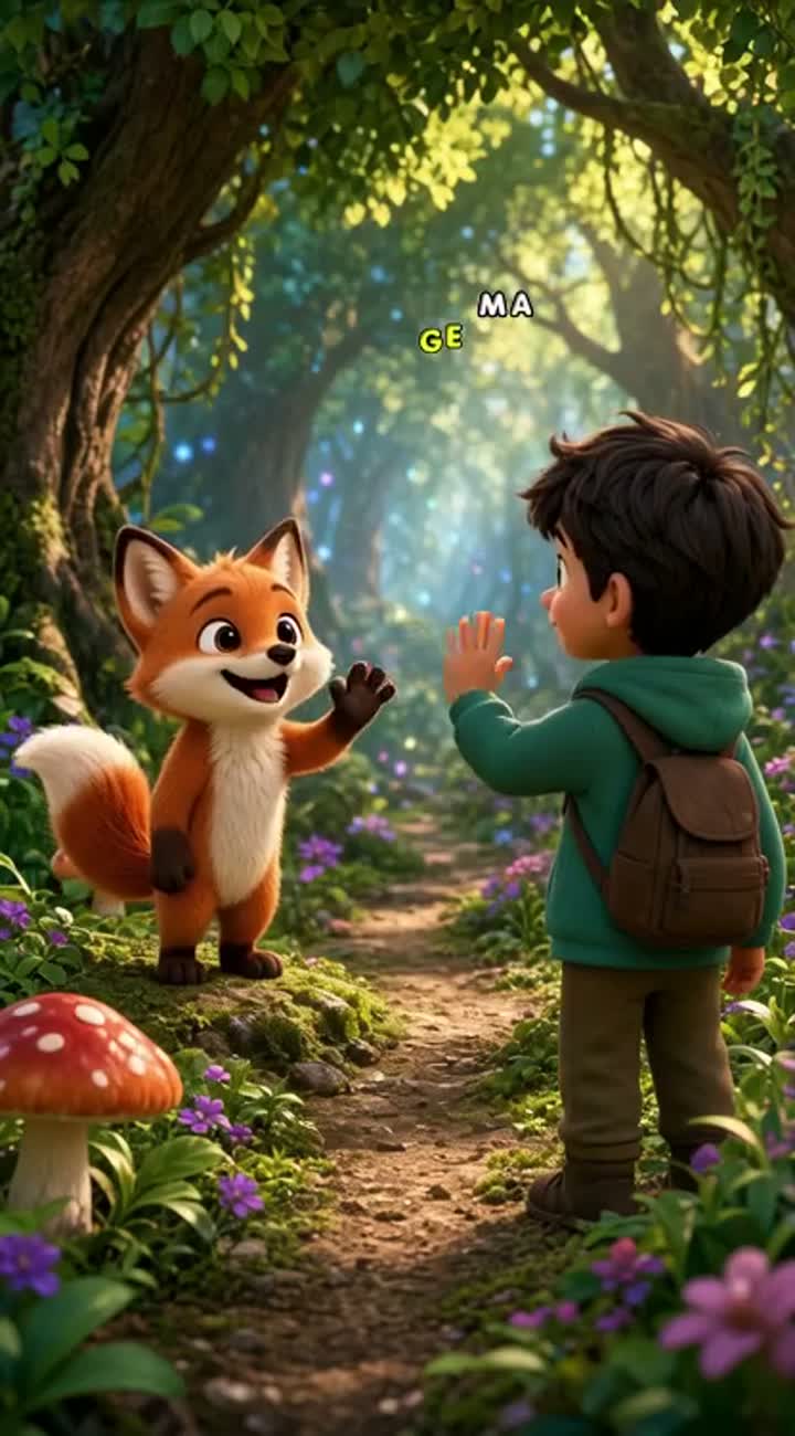 A cute 3D cartoon fox named Falfoul meets a boy named Sami… — AI cartoon
