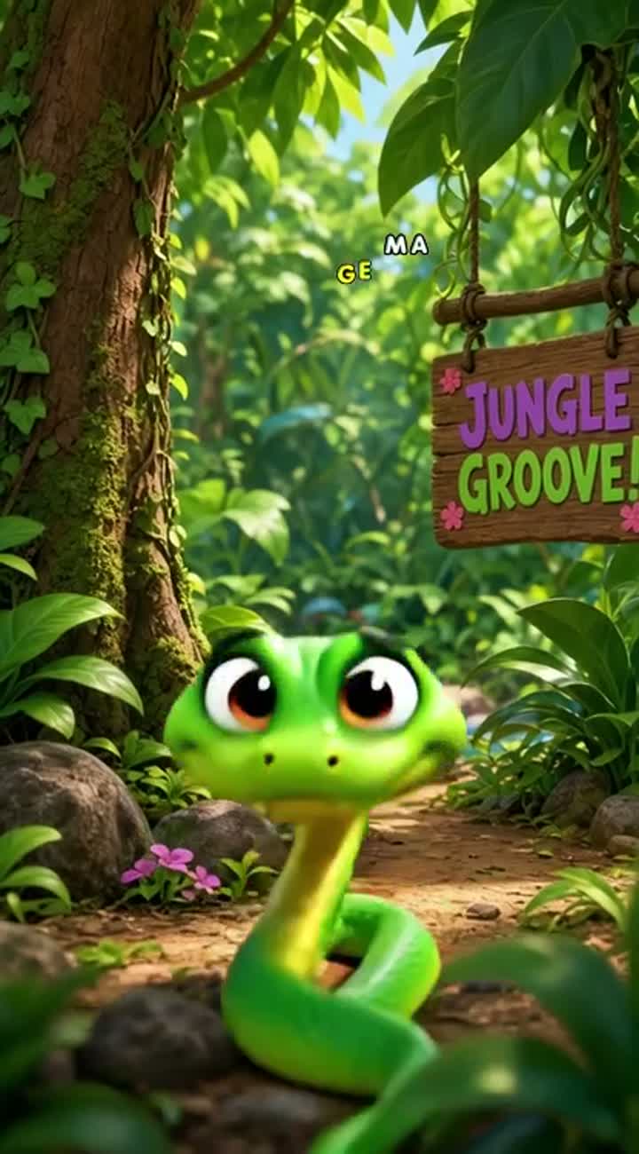 A funny green cartoon snake with huge eyes, a silly smiling face… — AI cartoon