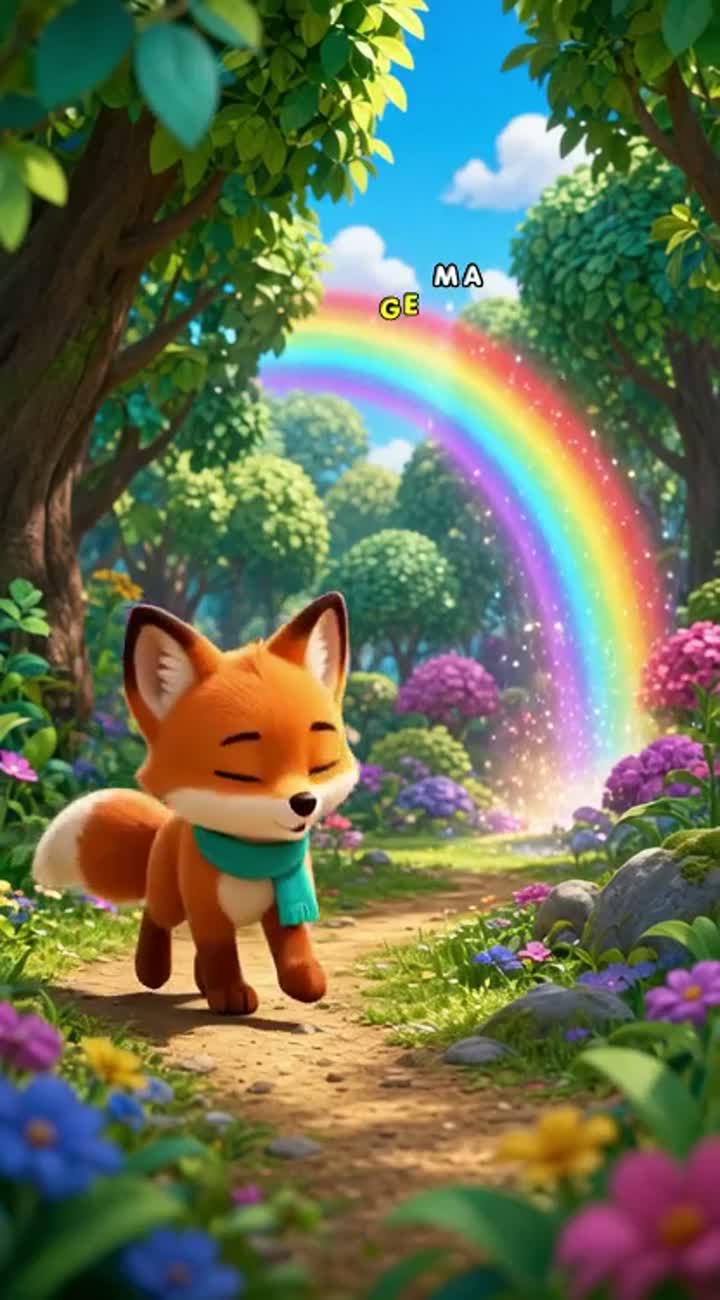 A cute little orange fox wearing a turquoise scarf discovers… — AI cartoon