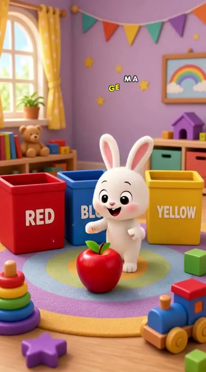 A little white bunny enters a colorful playroom filled with toys… — AI cartoon