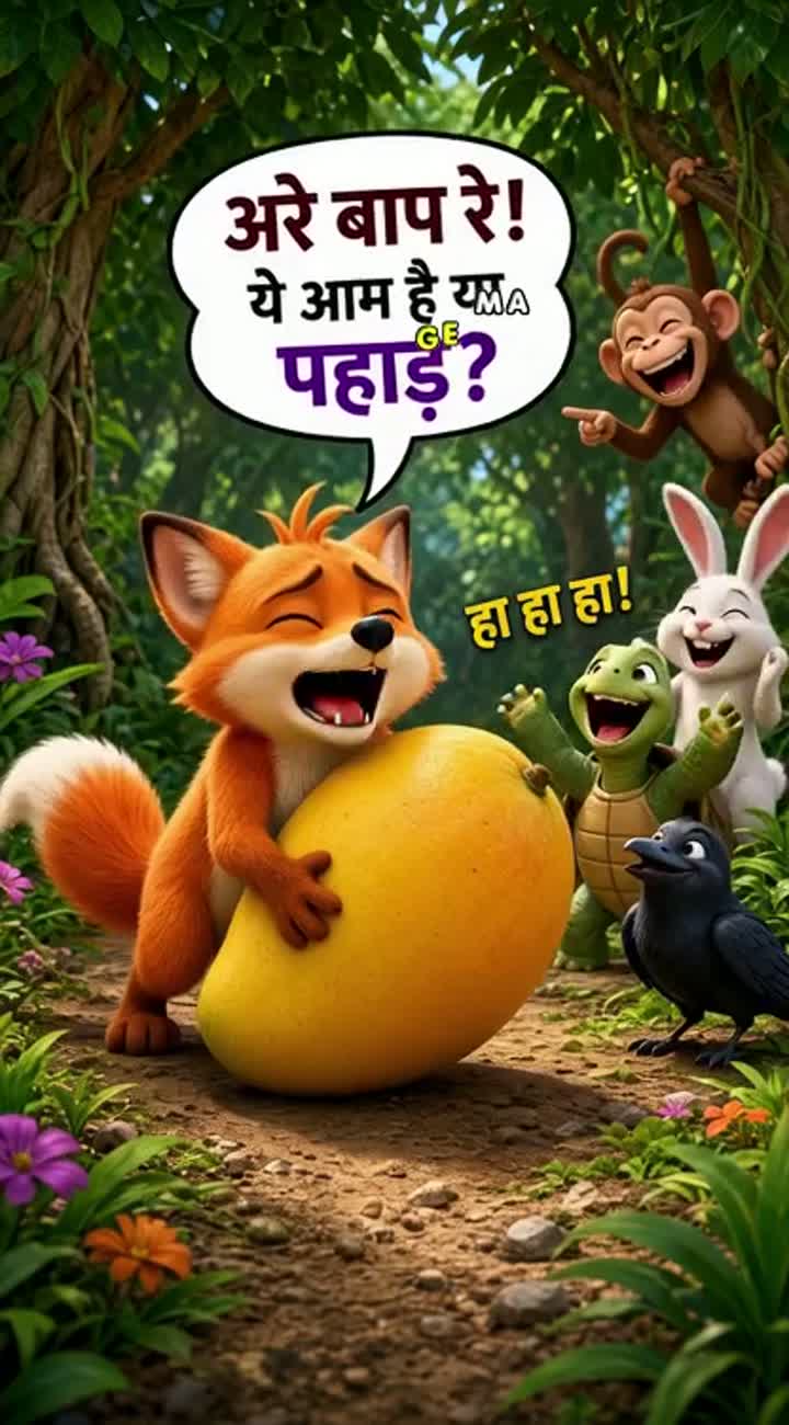 A funny 3D cartoon orange fox tries to lift a giant golden mango… — AI cartoon